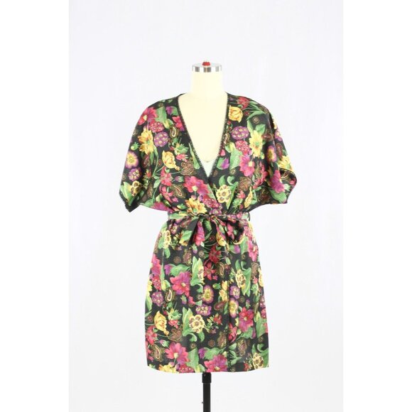 NWOT Vintage LINDA for LA VIE EN ROSE Black Floral Chiffon Kimono Robe, One Size - Picture 1 of 11